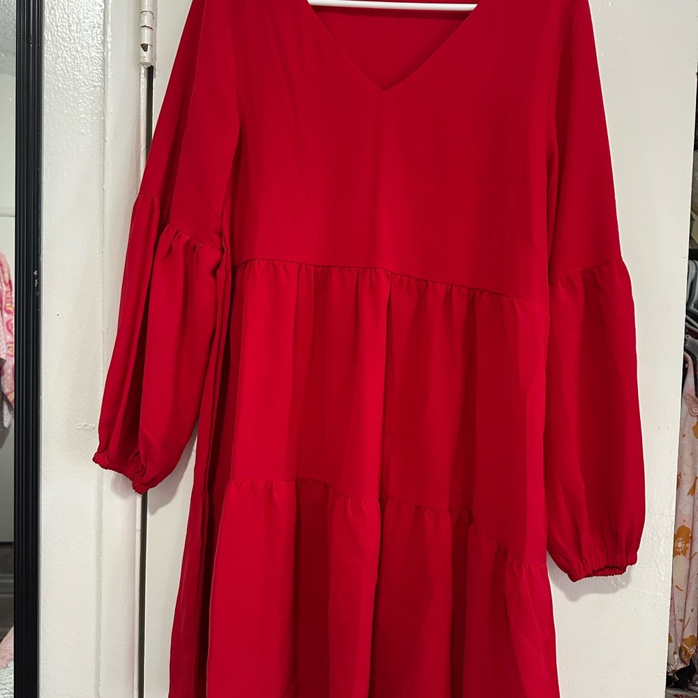 Elegant Red V-Neck Dress with Puff Sleeves